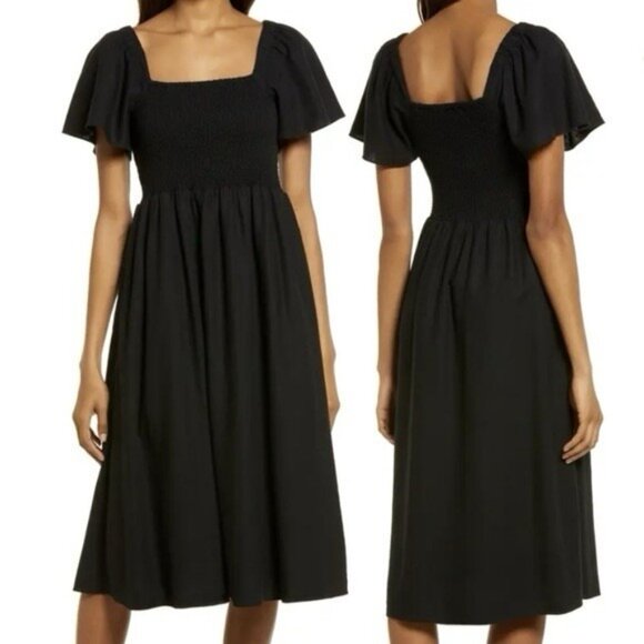 Madewell Dresses & Skirts - Madewell Lucie Black Smocked Flutter Sleeve Midi Dress Womens sz M Pockets